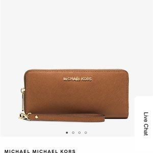 New MICHAEL KORS Leather Continental Wristlet Wallet Large Brown Gold Hardware
